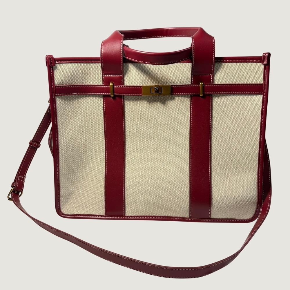 Steve Madden Boat Large Canvas Tote Berry Red Trim Crossbody Satchel Bag NWOT